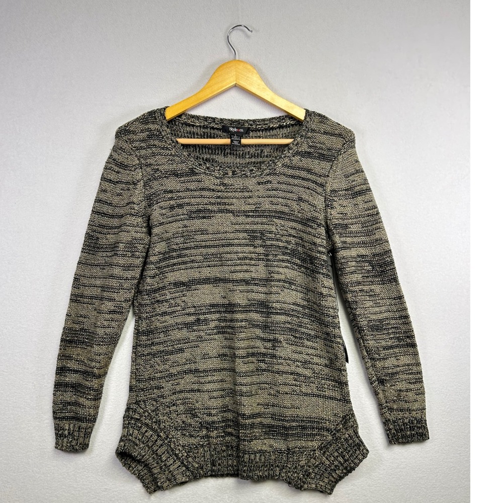 Style‎ Co Sweater Women L Knit Metallic Thread Long Sleeve Pullover  Beige Black